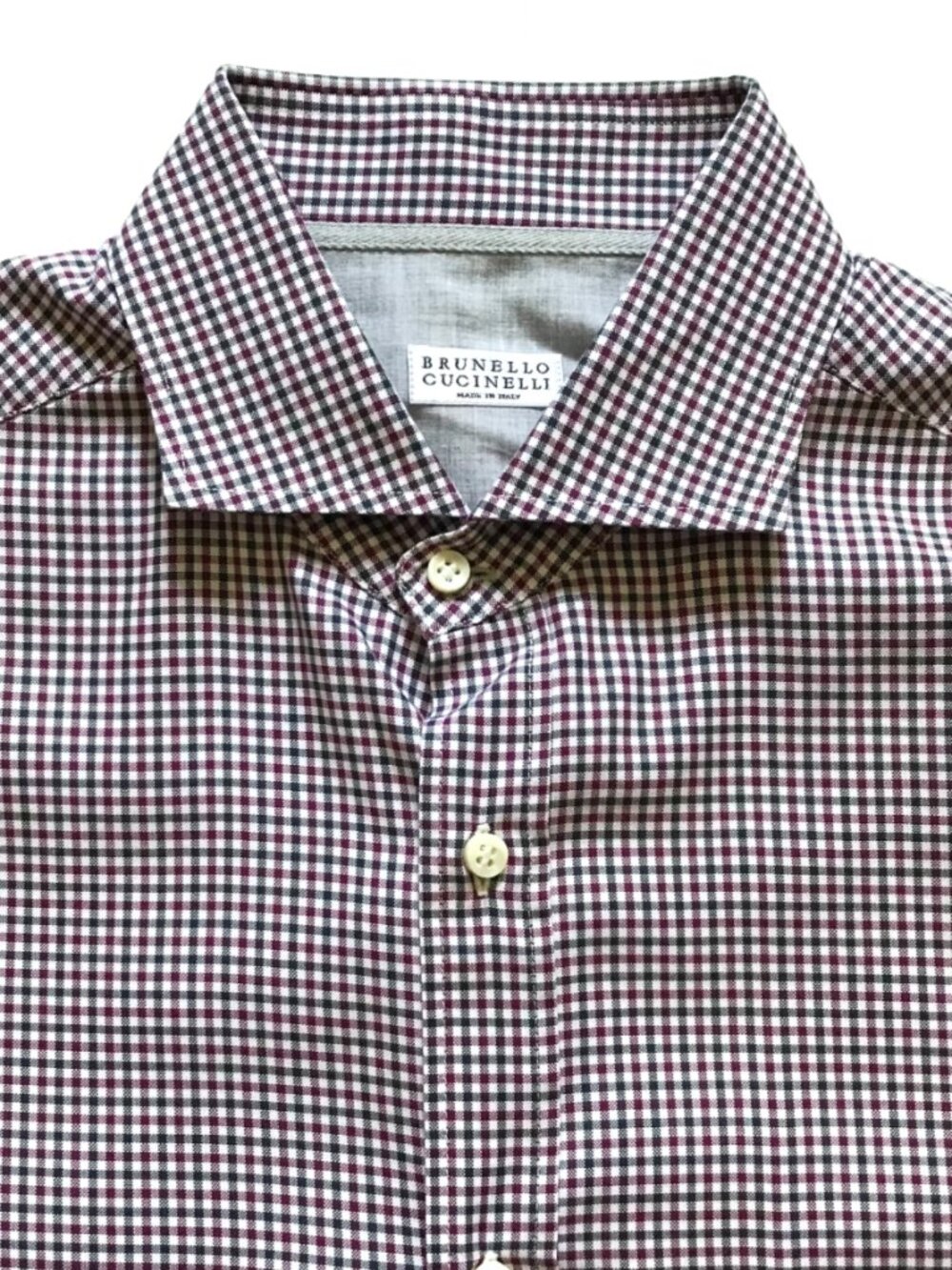 Brunello Cucinelli Check Button Down Shirt Mens Large Maroon Gray Long Sleeve
